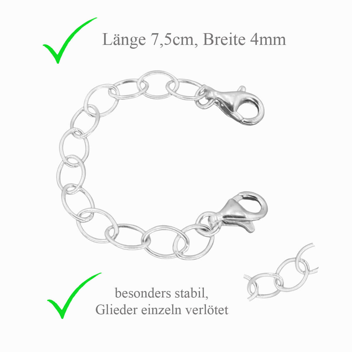 Kettenverlängerung Silber, Länge 7,5cm mit 2 Karabinern, Sicherheitskette