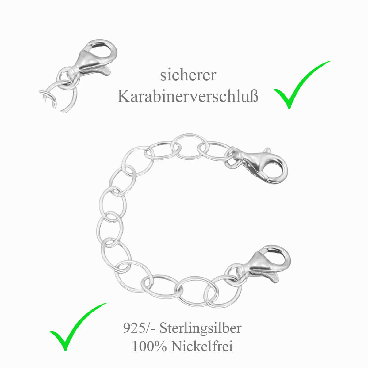 Kettenverlängerung Silber, Länge 7,5cm mit 2 Karabinern, Sicherheitskette
