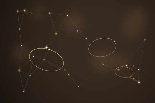 Abstraktes Motiv: goldenes KI-Netzwerk mit feinen Ring-Silhouetten – Handwerk trifft kuenstliche Intelligenz