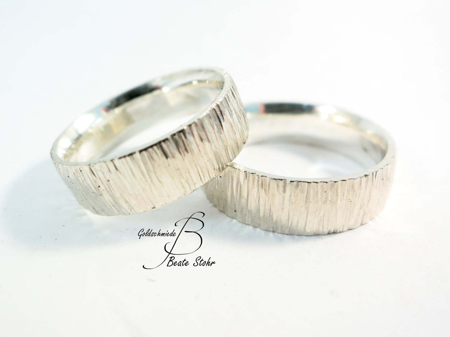 Paar Trauringe "Baumrinde" Silber breit