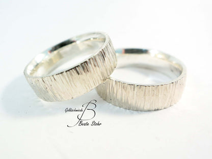 Paar Trauringe "Baumrinde" Silber breit