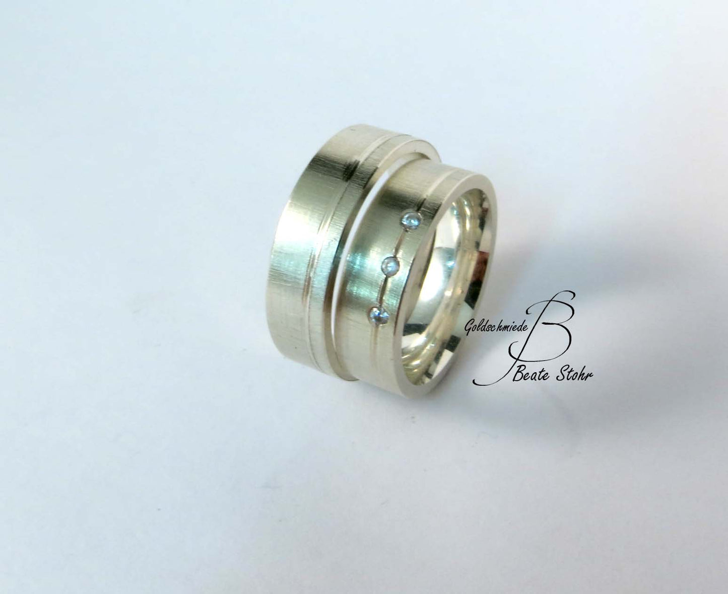 Trauringe mit 3 Diamanten Silber Handarbeit