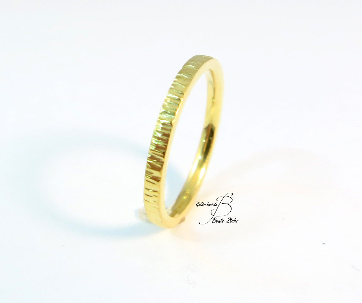 Paar Trauringe "Baumrinde" 585/- Gelbgold schmal