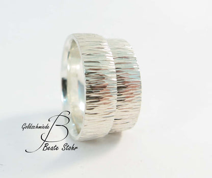 Paar Trauringe "Baumrinde" Silber breit