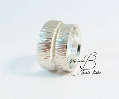 Paar Trauringe "Baumrinde" Silber breit