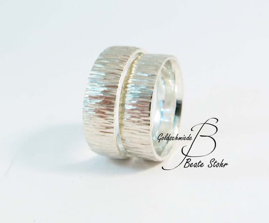 Paar Trauringe "Baumrinde" Silber breit