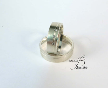 Trauringe mit 3 Diamanten Silber Handarbeit