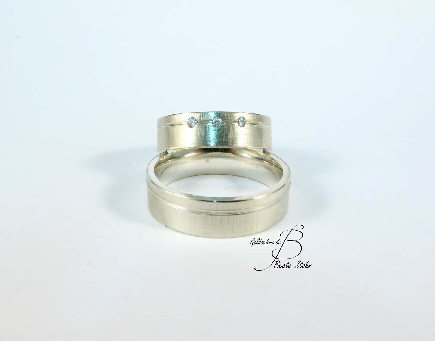 Trauringe mit 3 Diamanten Silber Handarbeit