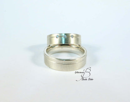 Trauringe mit 3 Diamanten Silber Handarbeit