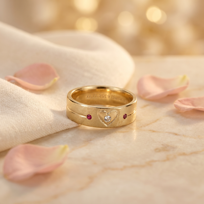 Trauring mit Herz Diamant & Rubin Gold Gold handgefertigt | Traumschmuckwerkstatt