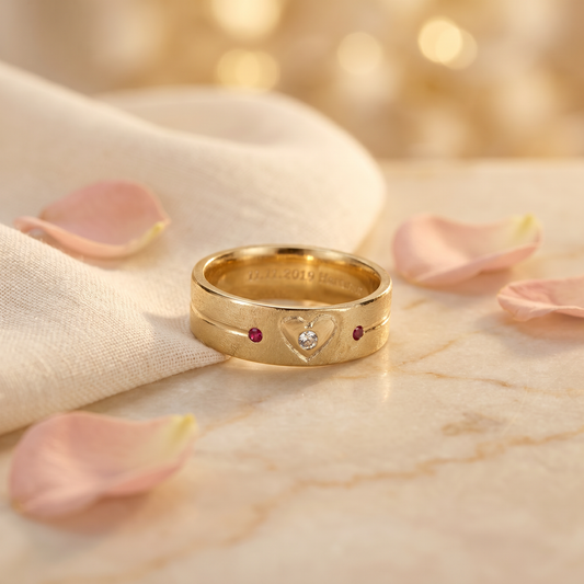 Trauring mit Herz Diamant & Rubin Gold Gold handgefertigt | Traumschmuckwerkstatt
